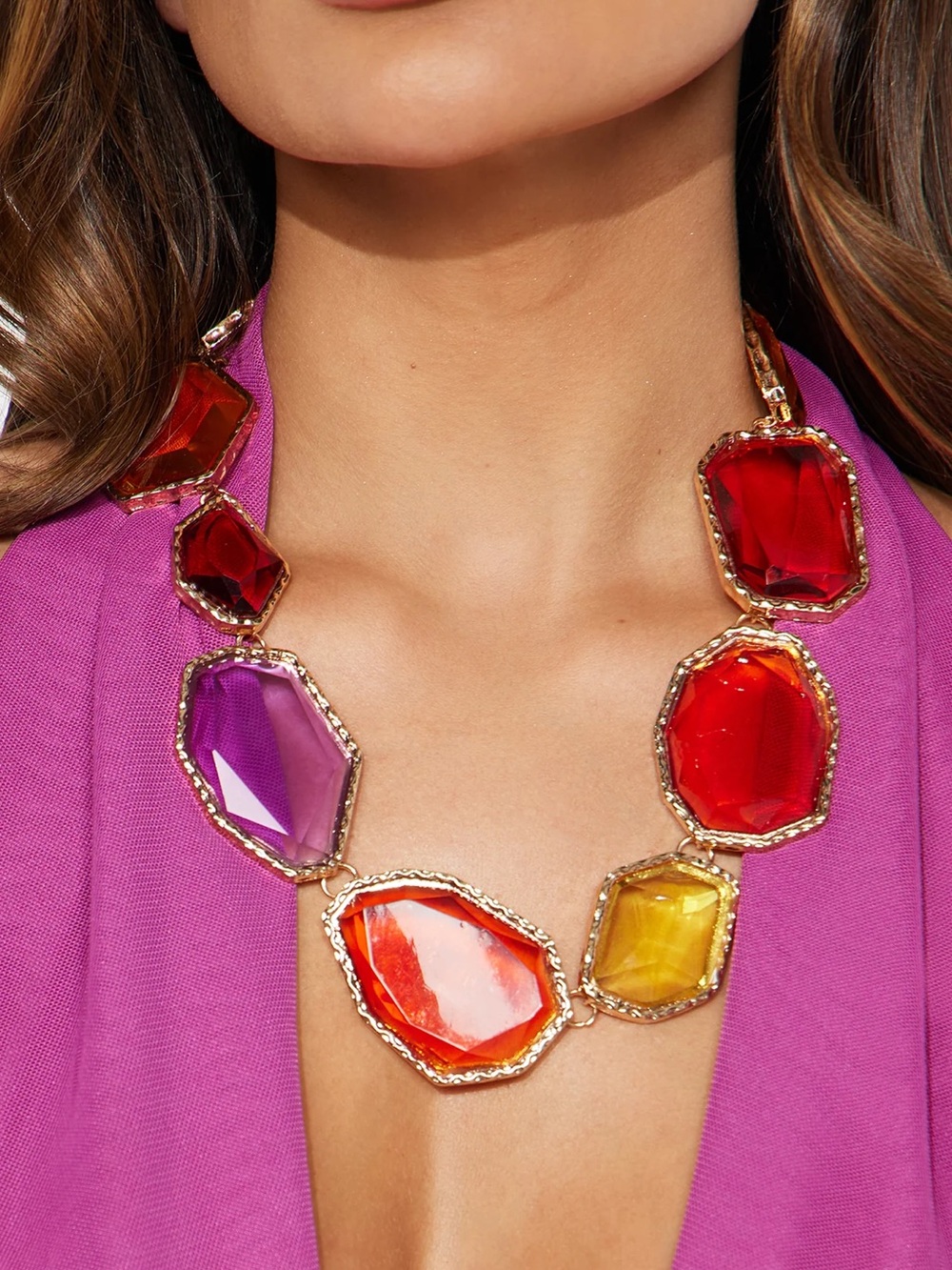 Fashion Nova Multi-Gem Statement Necklace - Purple, Red & Yellow